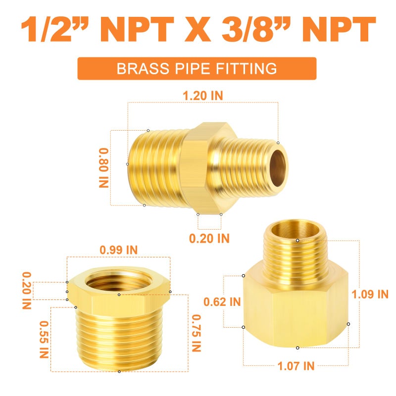 GASHER 15PCS Brass Pipe Fitting, Hex Bushing, Reducer Adapter, Reducing Hex Nipple 1/2 Inch NPT x 3/8 Inch NPT - Image 2